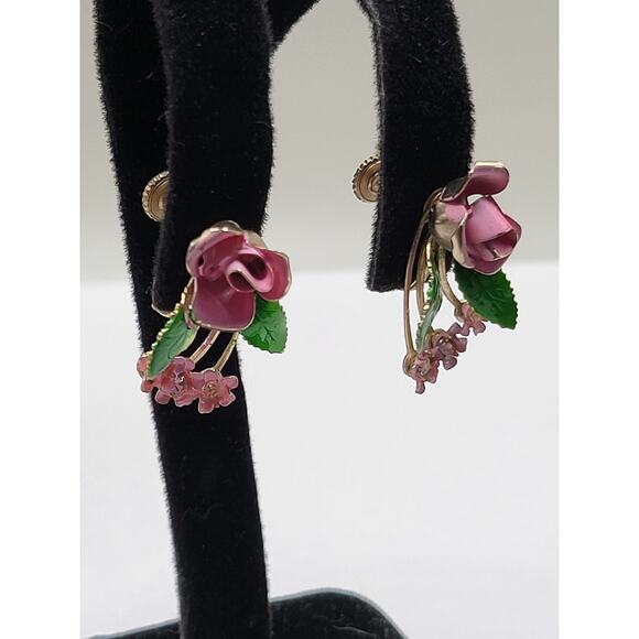 Vintage Enamel Rose Earrings Screw Back Pink Flower Cluster Rhinestone - Picture 7 of 7